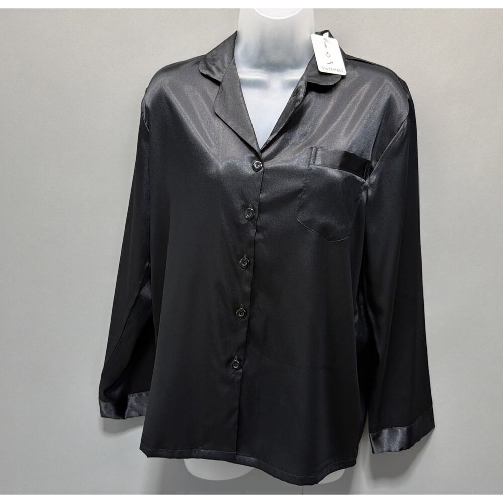 SWOMOG Womens Pajamas Top Silky Satin Sleepwear Long Sleeve Small Black